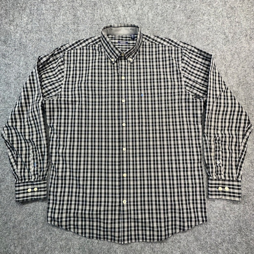 IZOD Plaid Button Down Shirt Mens Large Black White Blue Long Sleeve‎ Excellent